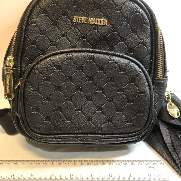 Steve Madden Backpack Purse Bag Black Gold Logo BBlogo Print seatbelt straps - Picture 4 of 15